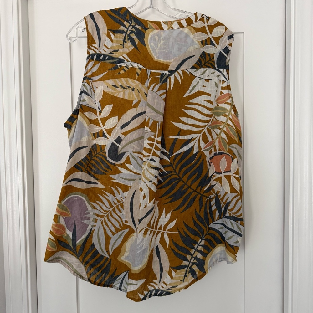 100% linen sleeveless button down‎ blouse tank tropical leaf C&C CALIFORNIA XL - Picture 6 of 6
